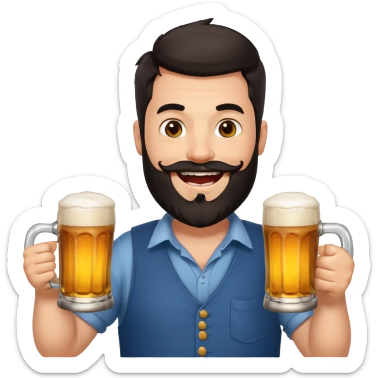 big man in yoga pose, bright skin, dark beard and dark short hair, holding beer mugs sticker