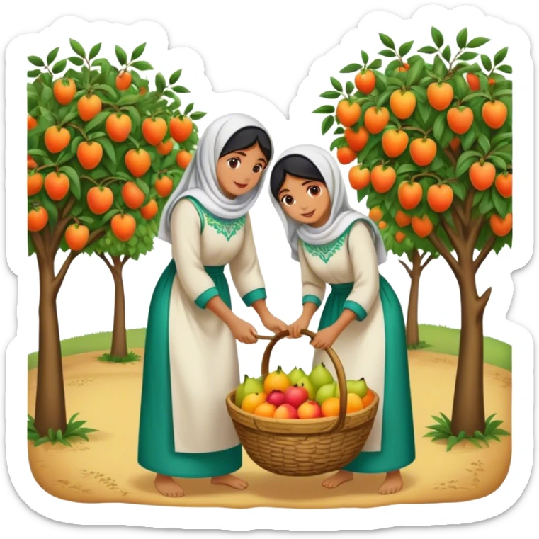 A nostalgic and culturally rich scene of Palestinian women dressed in traditional embroidered thobes harvesting fruit in an orchard. Their vibrant and intricately designed dresses reflect deep heritage, while their coordinated efforts—picking, sorting, and collecting fruit in a woven basket sticker
