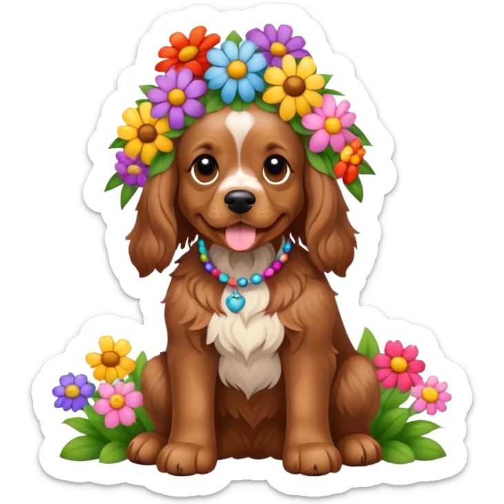 Full body shot of a brown cocker spaniel sitting happily with lots of flowers on his head sticker