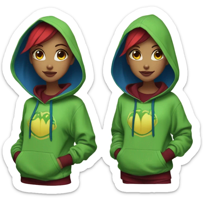 Lady with brunette and iridescent blue hair, gold, lime green dragon wings, maroon hoodie, 420, black and gold Nike t shirt, and bright red eyes sticker