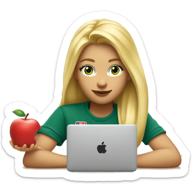 A beautiful blonde girl with green eyes and tommy jeans t-shirt is sitting at a laptop, an apple-style emoji sticker