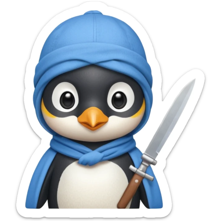 Cute and little penguin wearing a cholo blue cloth in his head and holding a  knife  sticker