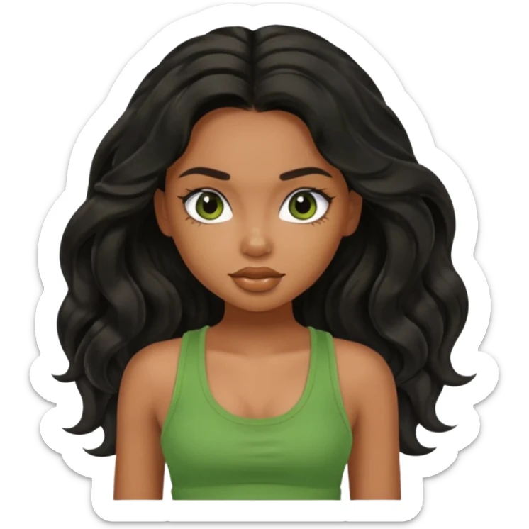 a pretty bratz brown girl with long wavy black color hair and green tank top on sticker