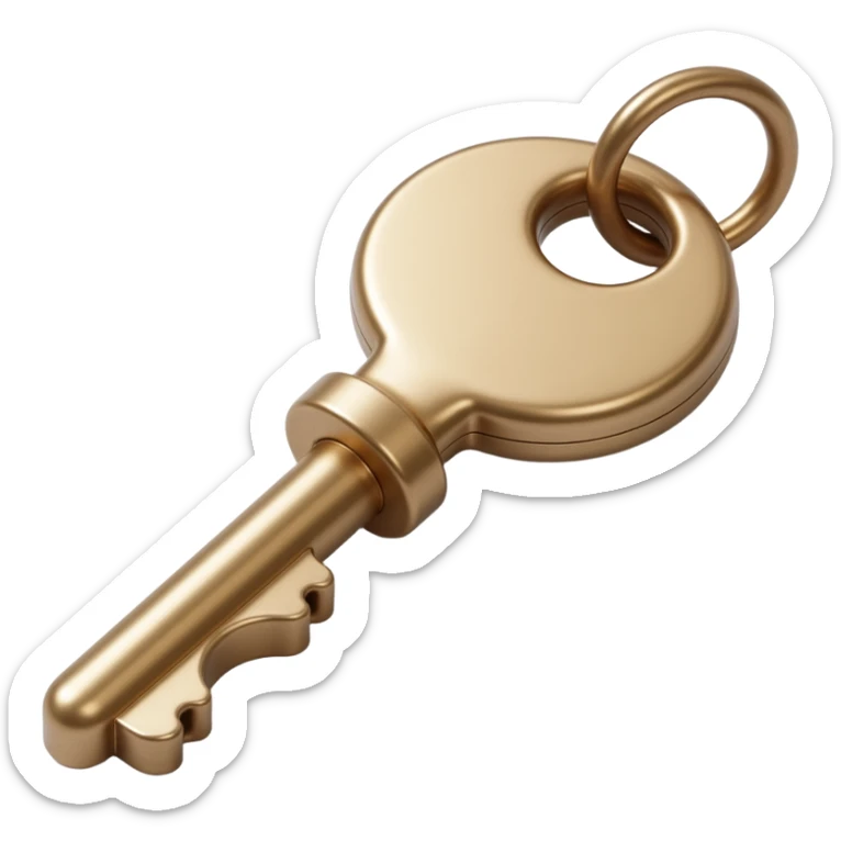 realistic metallic key icon, skeuomorphism style, shiny reflections, subtle shadows sticker