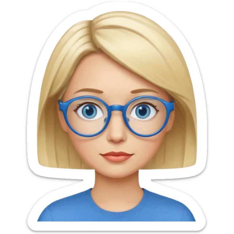 femme 40 ans cheveux courts garçon blond avec raie sur le coté, yeux bleu et lunettes rondes bleues sticker