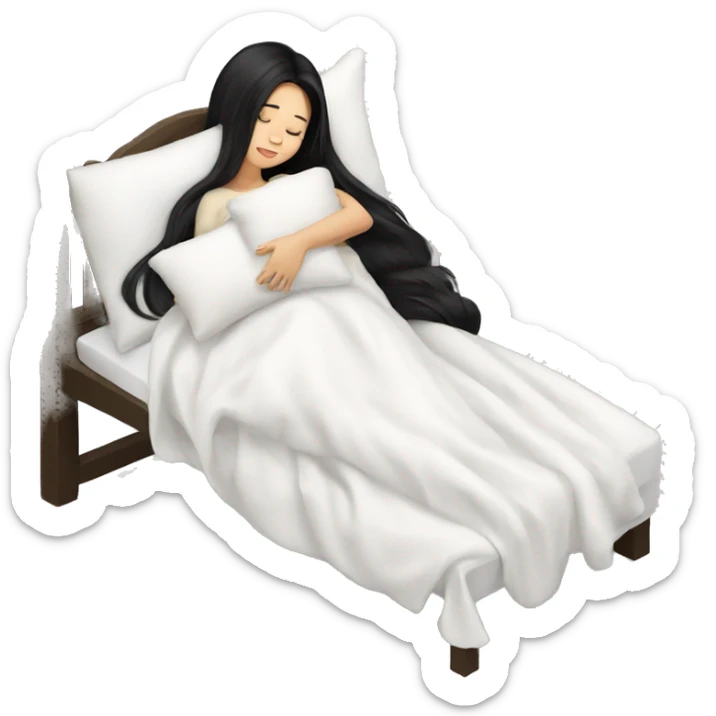 asian cute girl with long beauty black hair sleeping with white blanket and pillow sticker