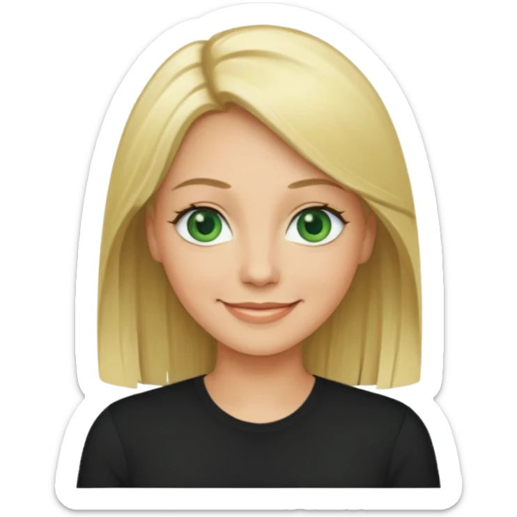 40 yr old blonde straight hair green eyes black shirt smiling sticker