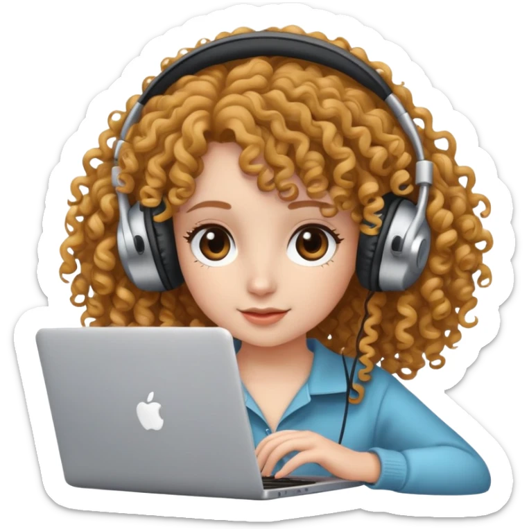 curly hair girl with headphones and a laptop sticker