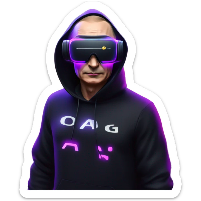 Vladimir Putin wearing a black hoodie with "OMG" letters on it and VR headset oculus quest 2 in a cyberpunk VR environment with violet neon lighting. sticker