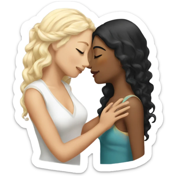A indian race woman with long black hair kissing a white woman with curly blonde hair, Who embrace each other tenderly sticker