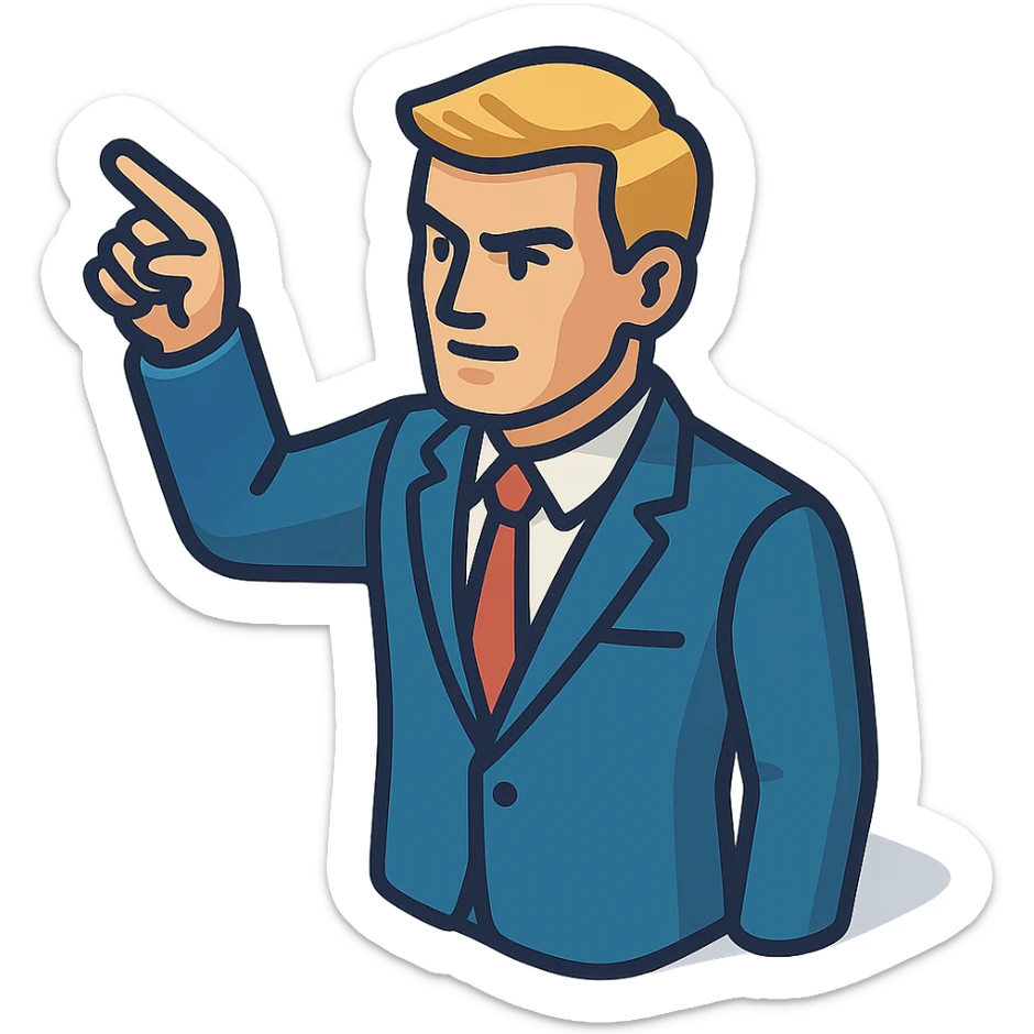 Confident male leader, Caucasian, short neat blonde hair, sharp eyes, indigo jacket, one arm raised gicing direction, waist-up, front-facing sticker