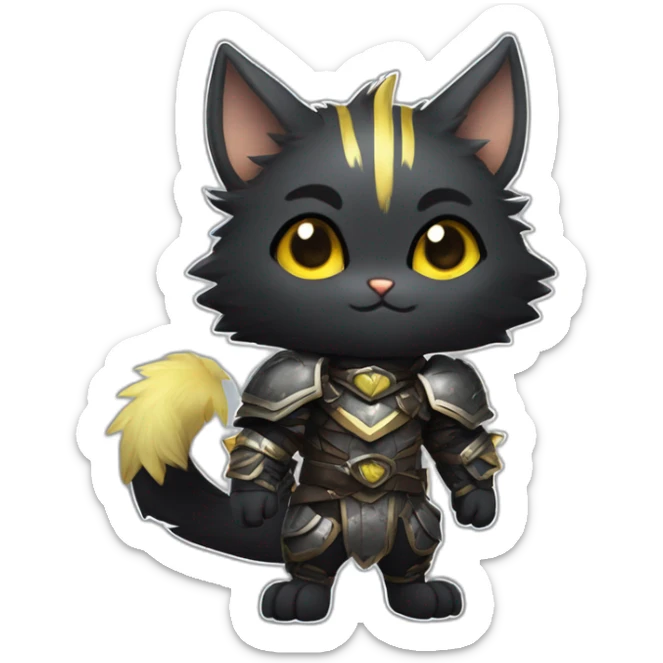 chibi monster hunter palico with all black fur and black face, on hind legs wearing armor, yellow eyes, happy and cute expression sticker