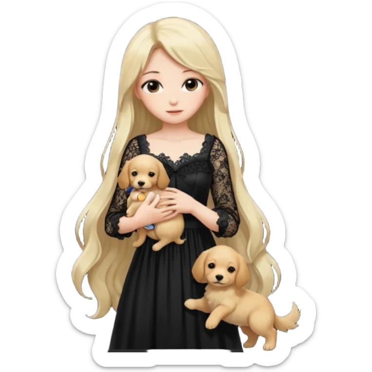 Pastel anime lady long hair with long lace dress full body holding puppy sticker