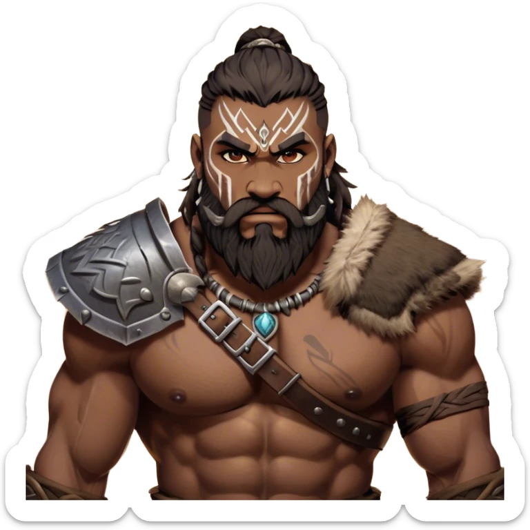 Clash of Clans aesthetic: Cinematic Rugged Barbarian Portrait Emoji, Intense and formidable with a heavily muscled physique, a rugged beard, piercing eyes, and battle-worn armor adorned with tribal markings, his expression fierce and resolute, Simplified yet powerfully detailed features, highly detailed, glowing with a deep, primal energy, high shine, gritty and uncompromising, stylized with an air of raw, untamed power, focused and determined, soft glowing outline, capturing the essence of a barbarian warrior carved by countless battles and poised to lead his clan into epic conflict! sticker