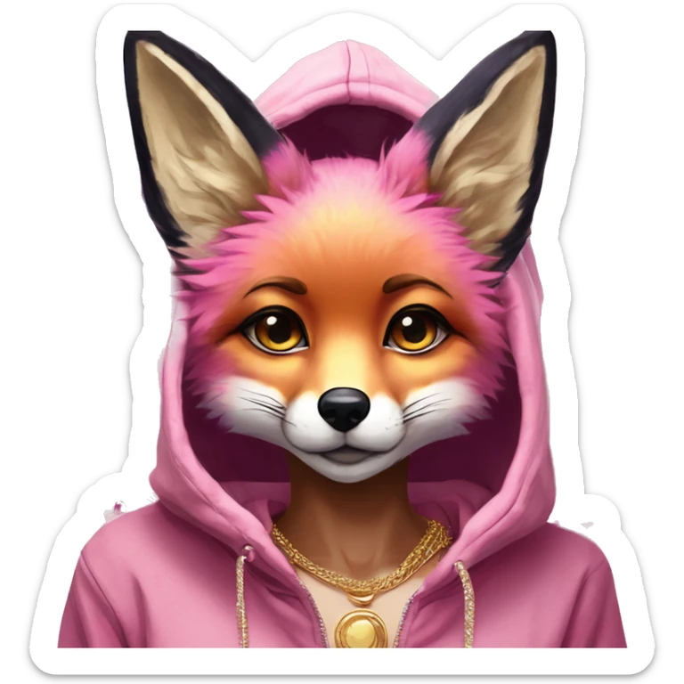 Pink magenta burgundy maroon beige fox wearing a pink hoodie with gold jewellery gold piercings gold ear piercing gold nose piercing vintage watercolour tie dye black raven wings sticker