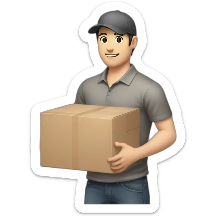 Pale skinned fit Man with black hair in a dark gray cap, gray jeans and beige polo T-shirt keeping a pasted box into his hands sticker