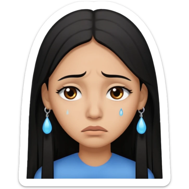Sad crying woman with long straight black hair, brown skin tone, teardrops on face, worried eyebrows, neutral mouth sticker