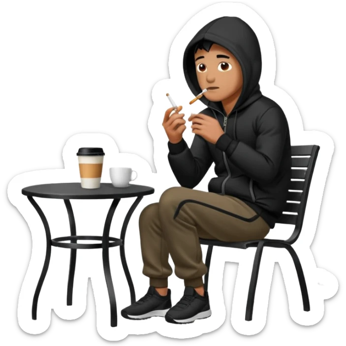 A man sitting on a chair, wearing a black puffed coat with hood and jogging pants, he is smoking a cigaret and drinks a coffee, he is freezing outsider, he is on a chair, the chair is an outside coffe terrasse black metal chair sticker