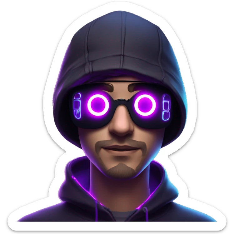 Russian man wearing a black hoodie with "OMG" letters on it and VR headset in a cyberpunk VR environment with violet neon lighting. sticker