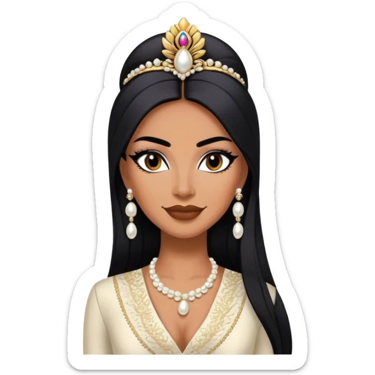 beautiful fit tall woman boss, with long straight black hair, with make up, black eye liner, smile mooth close, mexican, brown skin, wearing beautiful couture outfit and discret pearl  sticker