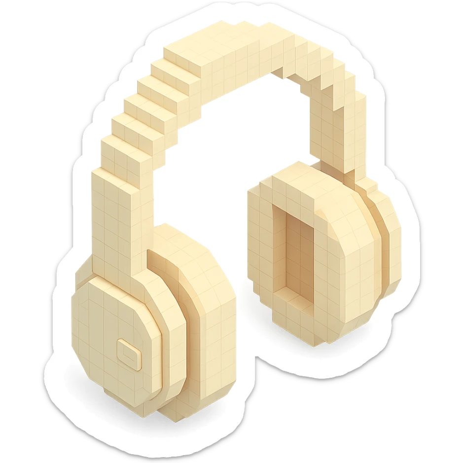 full-size Sony headphones, pale cream color, isometric view sticker