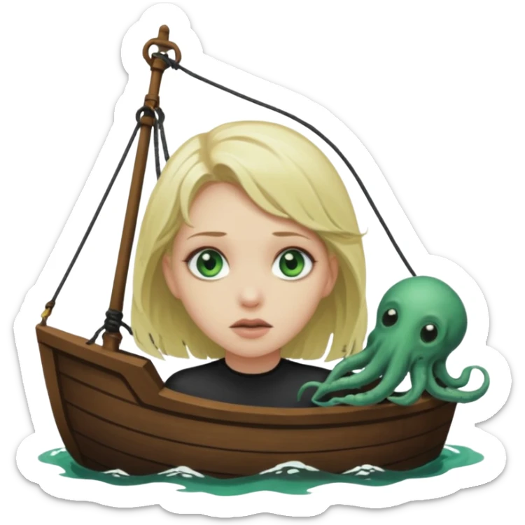sad depressed weak cs major who is a pretty girl with blond hair and green eyes drowning on ship, very pretty very sad and weak. Near death almost dead drowning. But the pretty girl is like the whole ship and her face is on the helm dark lovecraft evil. sticker