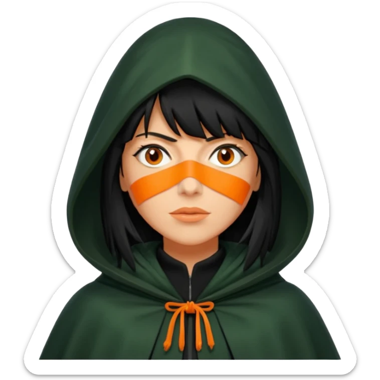 traitor tv show, person wearing dark green cloak with hood up who looks like claudia winkleman orange skin tone and thick black fringe sticker