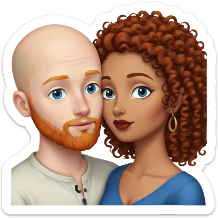 Bald white male with ginger beard and blue eyes kissing indian brown woman with jet black curly hair sticker