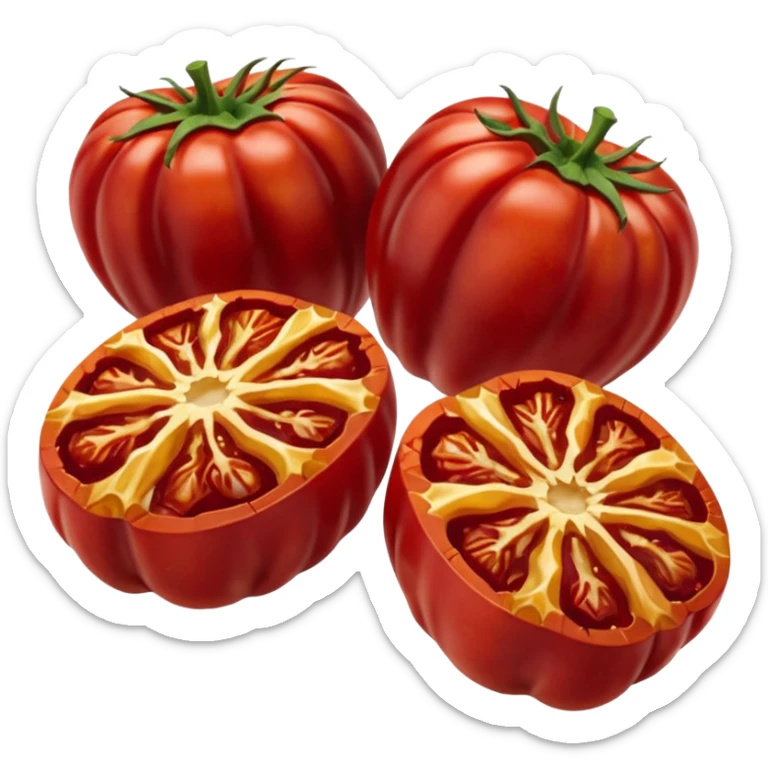small cluster of wrinkled deep red sun-dried tomato halves glistening with light coating of oil, soft yet chewy texture, visible folds, rich color variation, slight oil pooling around base, glossy look, no jar herbs or extras, apple emoji style, soft lighting, subtle shadows, emoji scale sticker