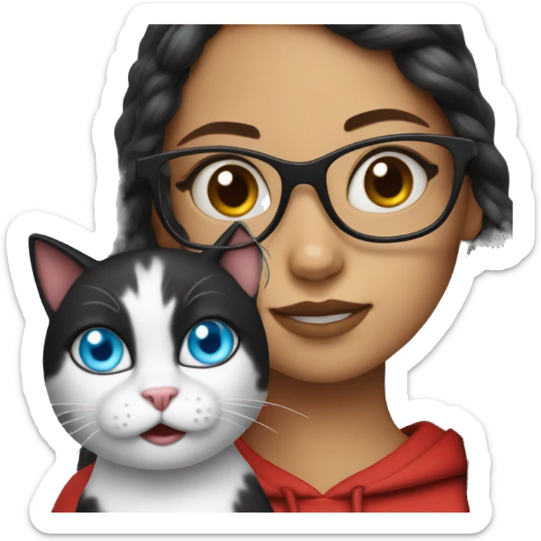 a girl with blue eyes, glasses, a split hair black and red, and her white cat sticker