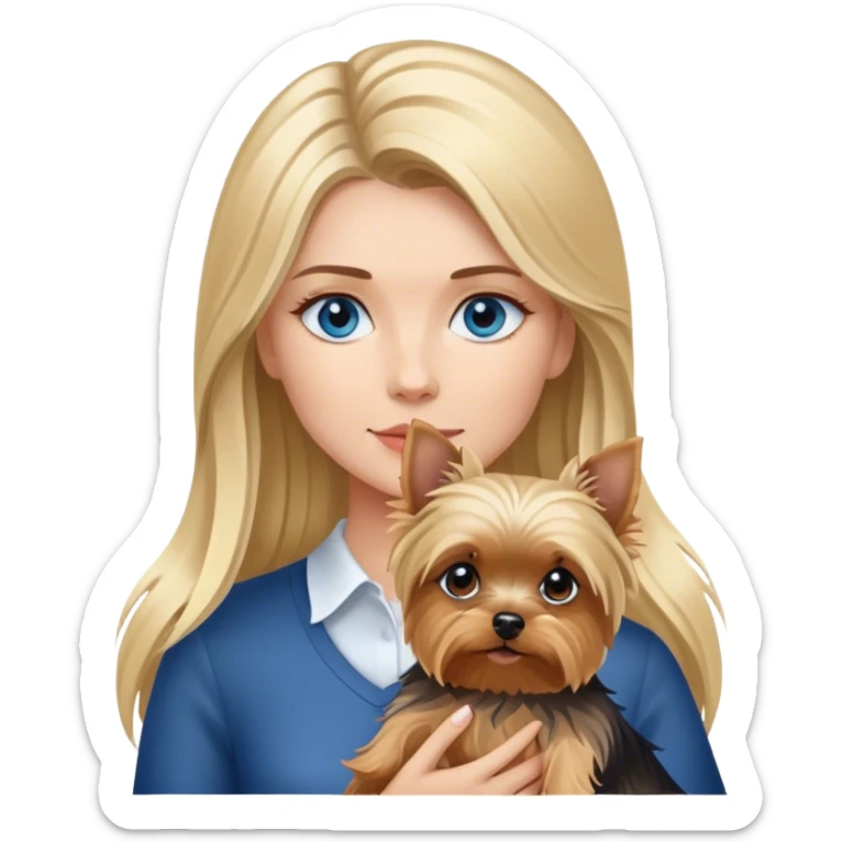 Blonde balayage long hair women with blue eyes holding a Yorkshire terrier  sticker