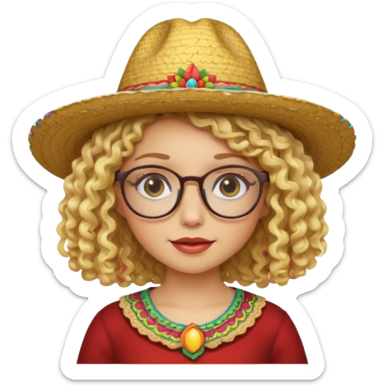 blonde girl with curly hair and glasses with a Mexican hat sticker
