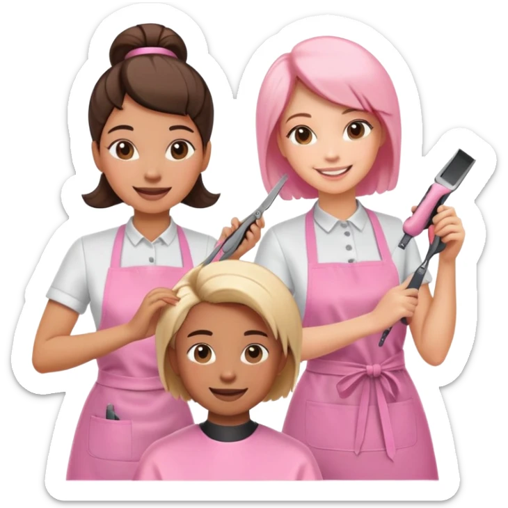 happy woman in pink apron getting a haircut from smiling female hairstylist sticker