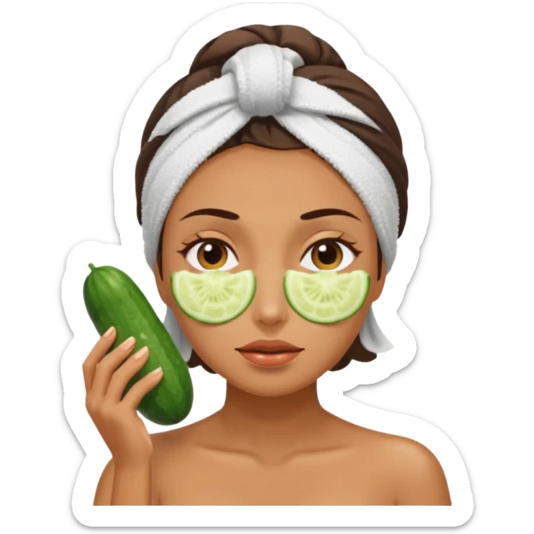 woman at the spa with cucumbers on her eyes (no eyeballs showing) and tan skin tone with towel covering hair sticker