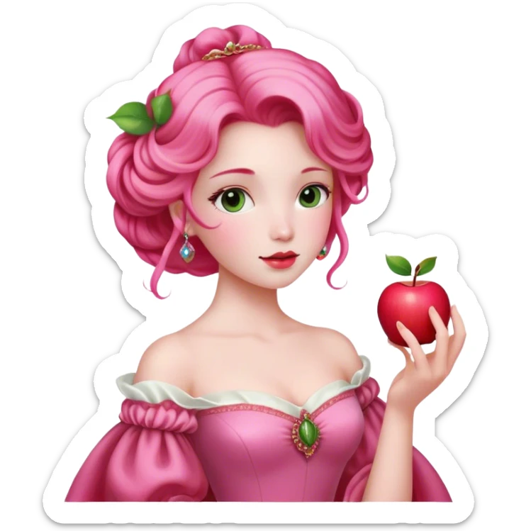 Cinematic Realistic Sleeping Beauty (Aurora) Portrait, with porcelain-like skin featuring a natural rosy flush, illuminated by soft lighting that highlights the gentle contours of her face. Her golden blonde hair flows in soft, detailed waves with subtle highlights that shimmer in the light. Her deep violet-blue eyes radiate warmth and innocence, framed by arched brows and long lashes. With a soft, serene smile, she holds a delicate rose gently in one hand, her other hand resting lightly by her side. She is dressed in her classic pink gown, the fabric rich in texture with delicate folds that catch the light. A golden crown rests atop her head, gleaming with royal refinement. The portrait captures a soft, glowing aura, blending realism with an ethereal sense of beauty and timeless enchantment. sticker