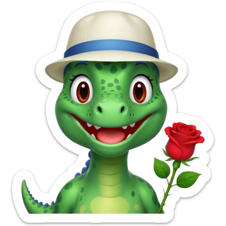 Dorothy the Dinosaur from The Wiggles with white hat with red rose, green skin sticker