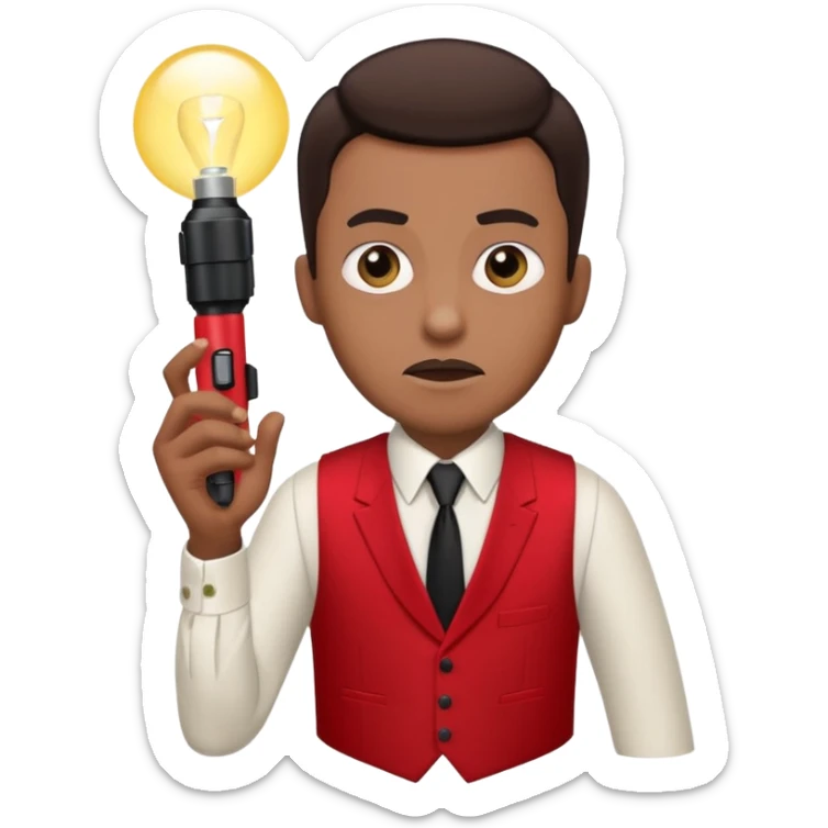 Movie theatre usher in red vest and black tie with normal flashlight looking scared sticker