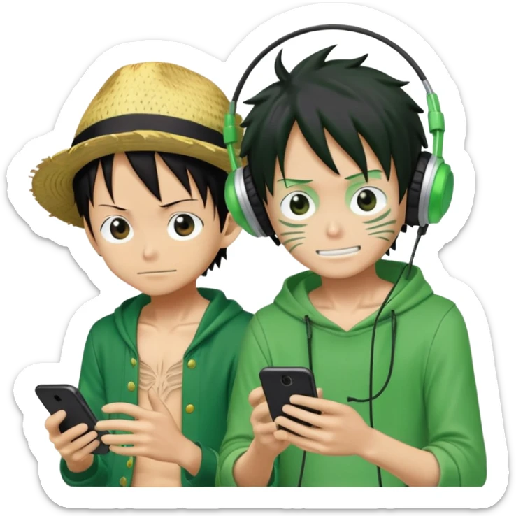 Green Luffy and green Alastor listening to music together sticker