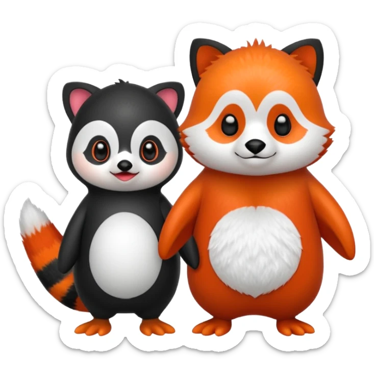 A cartoon  cute cartoon penguin. Next to it is a cartoon red panda holding its flipper  sticker