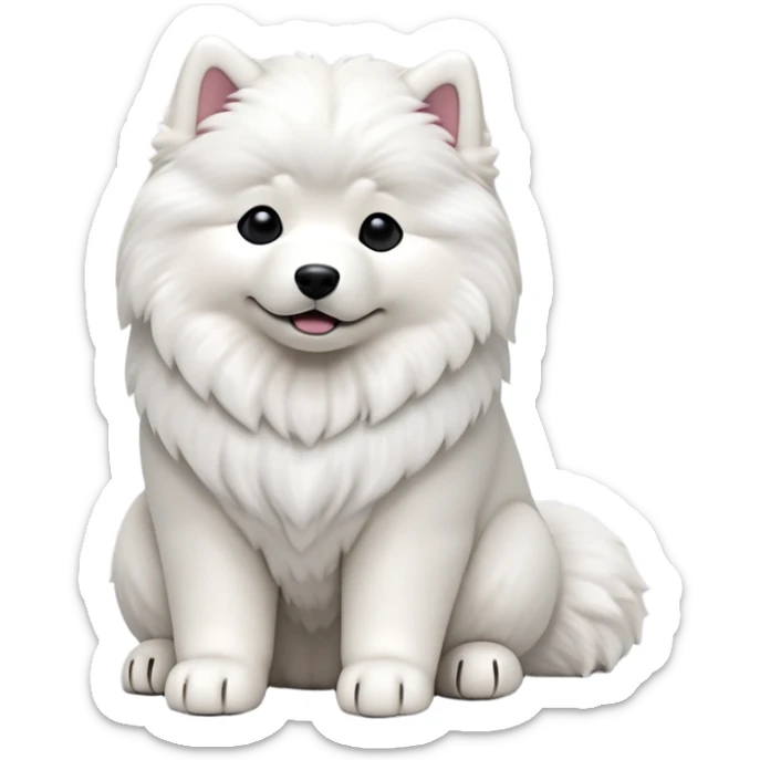 cinematic-[samoyed]-realistic-full-body-sitting-emoji,-tail-resting-loosely-beside-its-paws,-head-tilted-dramatically, -fluffy-[white]-fur,-simplified-yet-realistic-focused-features,-highly-detailed,-glowing-with-an-almost-sarcastic-glow sticker