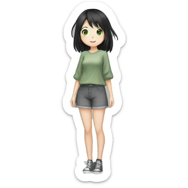 An anime-style girl with black hair down to her belly and gray-green eyes waves her hand sticker