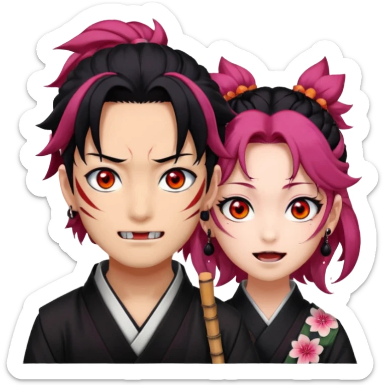 tanjiro male : Kind red eyes, black hair with burgundy tips, forehead scar, tanned skin, Hanafuda earrings.                             nezuko:   Pink eyes, black-orange hair, fangs, bamboo muzzle in mouth. sticker