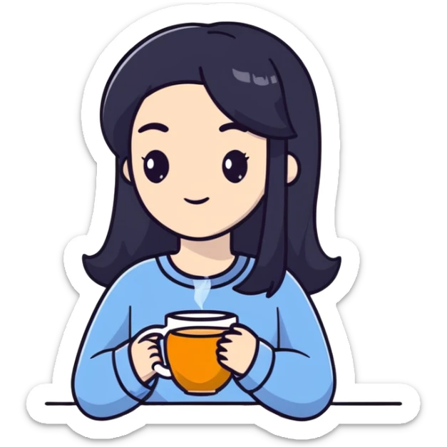 white girl with black hair, self care moment, holding a cup of tea, relaxed sticker