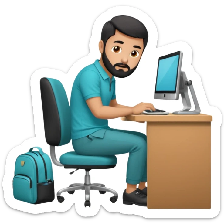 man with black short male hair and black hair and beard and hes in a office with his grey backpack on the floor and he has a tourquose polo shrit with gre dress pants and hes working at a hotel  hes on the co,ptuer  at his desk and he inly has one backpack its on the floo sticker