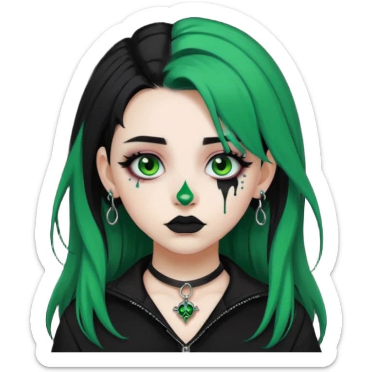 Goth girl with black and green split dye hair and nose piercings sticker