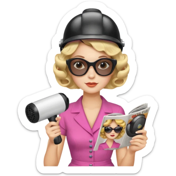Emoji de mujer con casco secador, gafas de sol, rulos y leyendo revista, estilo vintage chic sticker
