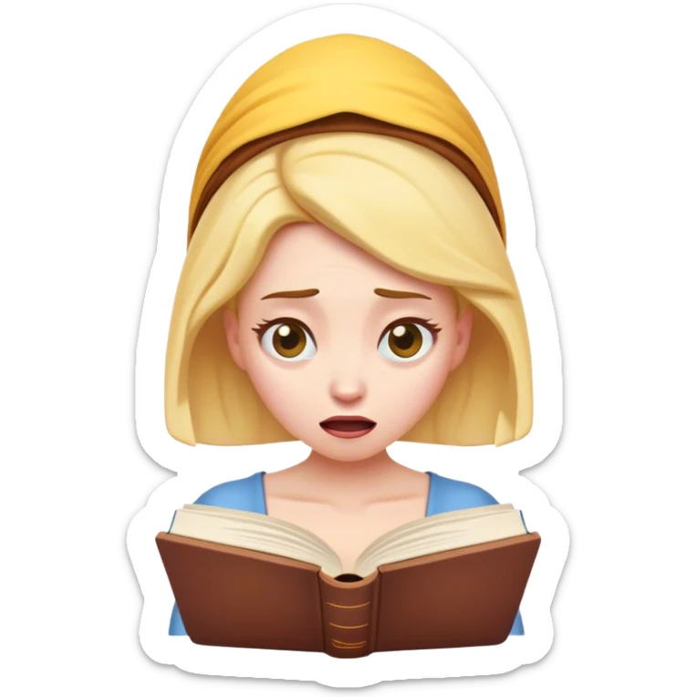Cinematic Funny Belle Portrait Emoji, Looking exasperated as a book lands on her head, one eye twitching, caught in a hilariously relatable moment of book-lover clumsiness! sticker