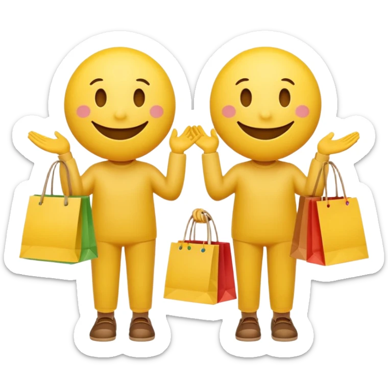 2 HAPPY SMILEY FACE EMOJI WITH HANDS AND FEET WITH SHOPPING BAGS IN EACH HAND sticker