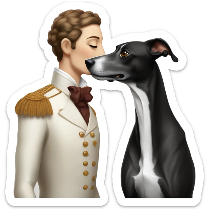 Two aristocrat dog black and white galgo kiss with women with brown hair  sticker