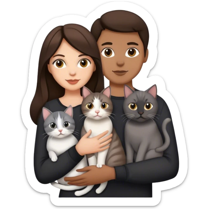 brunette couple holding four cats, two gray cat and a white and a black cat sticker